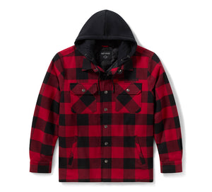 Giacca-camicia con cappuccio da uomo Traveler - Plaid - Deep Red & Harley Black